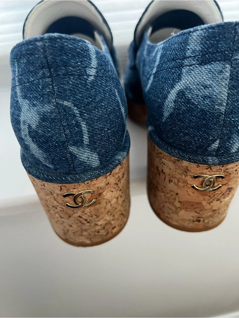 CHANEL Blue Denim Chain-Trim Loafers